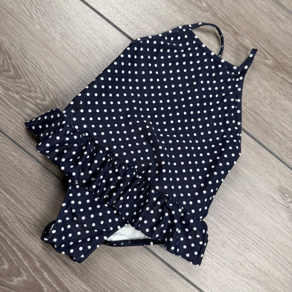 Ralph Lauren Girls Swimsuit Polka Dot Ruffle Navy Blue 18M